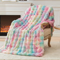 EMME Faux Fur Blanket Queen Size Rainbow - Big Bubble Rabbit Cozy Blanket for Couch, Thick Furry Plush Shaggy Blankets, 650GSM, 90x90 Inches