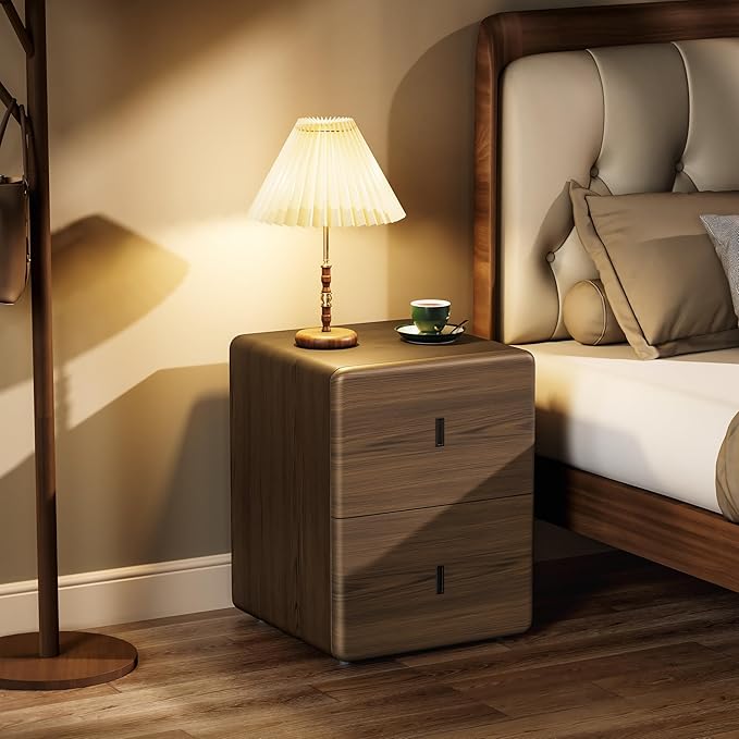VICITON Narrow Nightstand with Drawers, Faux Leather Bedside Table, Solid Wood Drawer, Small Side Table for Bedroom (Leather Grey Poplar, 15.7" x 15.7" x 19.7")