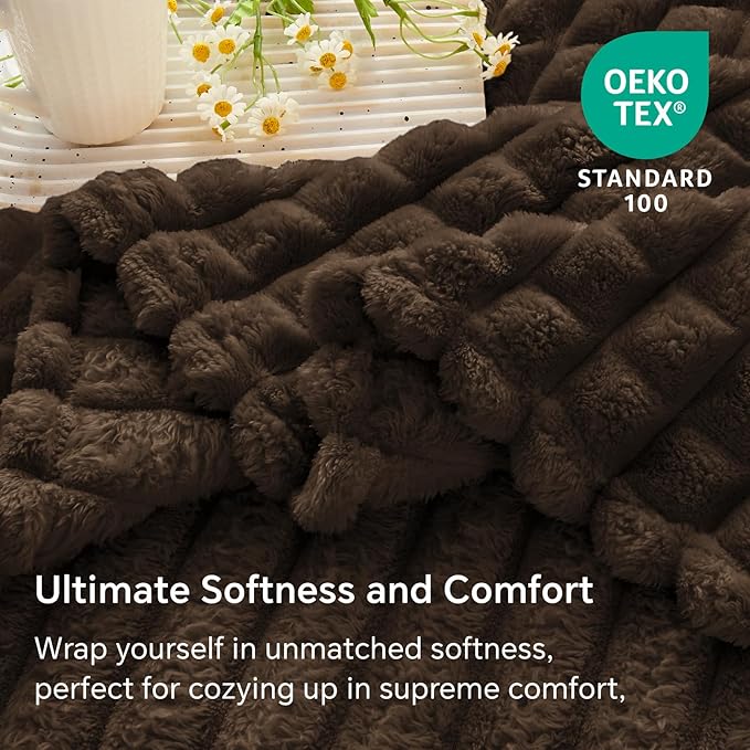 BEDELITE Brown Throw Blanket for Couch and Bed- Super Soft and Warm 3D Checkered Fluffy Fuzzy Fleece Blanket, Luxurious Plush Cozy Blanket for Room Decor Spring, 50x60 inches