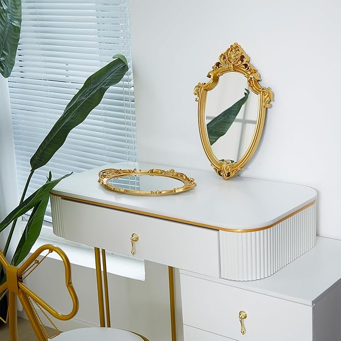 2 Pcs Vintage Gold Mirror Set Including 14.5 x 9.8 Inch Oval Decorative Jewelry Tray 16.3 x 11.2 Inch Antique Wall Mirror Gold Shield Shape Victorian Decor for Bedroom Bathroom Wedding