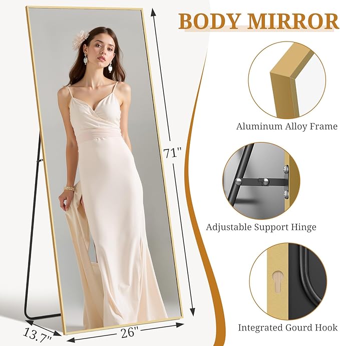 Full Length Mirror 71"x26" Full Body Mirror Rectangle Free Standing Wall Mounted Leaning Floor Mirrors with Stand Aluminum Alloy Frame for Bedroom Cloakroom, Gold