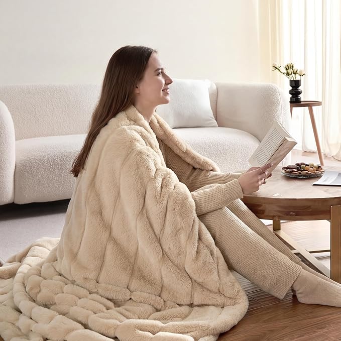 Cozy Bliss Deluxe Sheared Rabbit Faux Fur Throw Blanket, Soft Fuzzy High-Low Sculpted Plush Blanket for Couch, Cozy Home Accent, All Season Use, Khaki 50"x60"