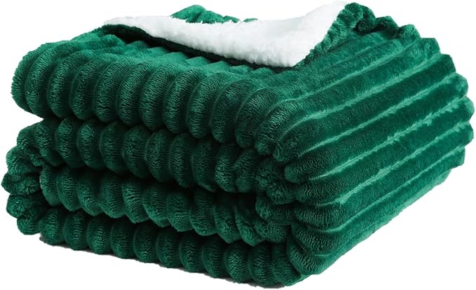 Green Sherpa Fleece Throw Blanket 90”×90” for Couch Sofa Bed,Super Soft Cozy Plush Double Side Thick Flannel Blanket with Striped Design Lightweight for Adults,Woman,Girls