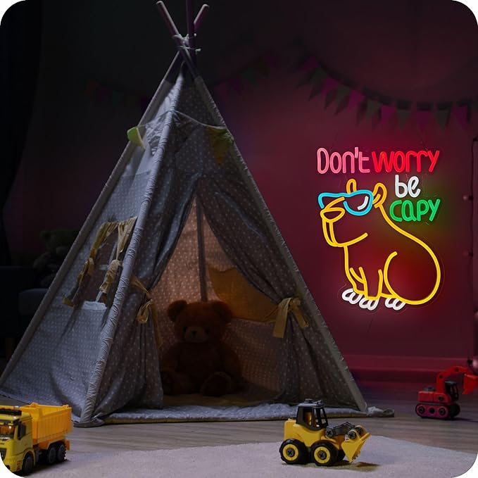 Capybara Don't Worry Be Capy Neon Sign Funny Cartoon LED Signs for Wall Decor Bar Man Cave Party Coffee Home Bedroom Birthday Gifts