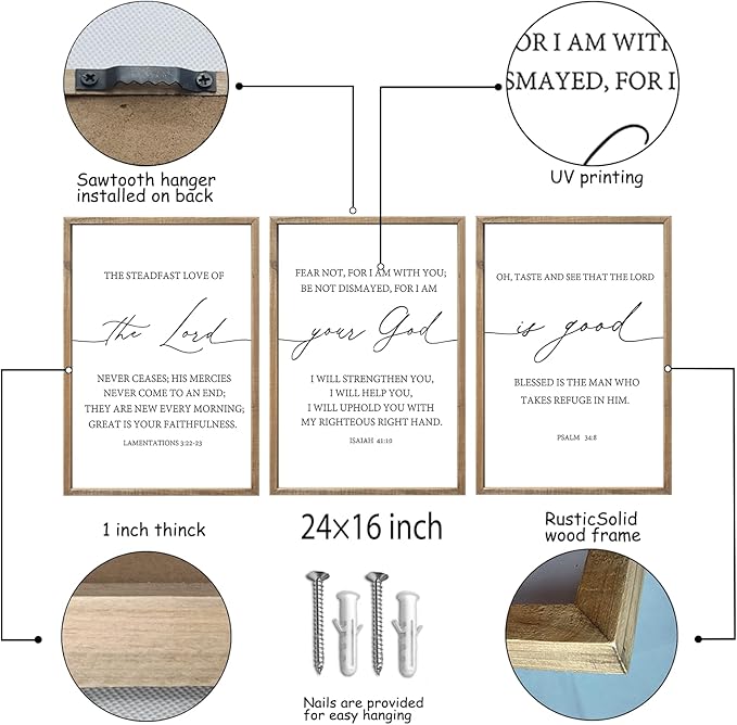 The Lord Your God Is Good Bible Verses Wall Art Decor Set of 3 24"x16" Bedroom Above Bed Inspirational Christian Scripture Wood Framed Sign Rustic Home Living Room Office Wall Hang (Wood)
