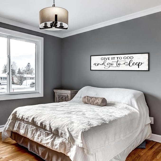 Give It to God and Go to Sleep Sign Wall Art - Bedroom Signs Wall Decor Above Bed - Farmhouse Guest Room Decor - Master Bedroom Decoration 12 × 40 Large Black Framed Hanging