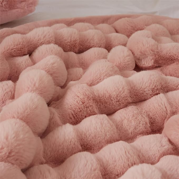 H&D Faux Fur Throw Blanket for Couch,Fluffy Cozy Soft Plush Luxury Thick Fuzzy Fleece Blanket for Couch Bed Sofa Bedroom Living Room,Comfy Bubble Blanket(Rose, Full (70"x80"))