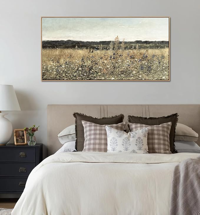 DJSYLIFE Framed Vintage Wall Art, Extra Large Wildflower Fields Canvas Wall Art, Classical Flowers Landscape Painting Prints, Country Farmhouse Living Room Decor, Modern Home Bedroom Decor 24x48inch