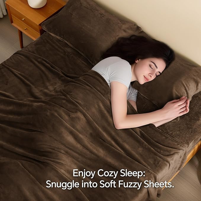 BEDELITE Flannel Sheets King Size Brown - Super Soft Fleece Sheets Set Fluffy Extra Plush, 4 Piece(Include Fitted Sheet, Flat Sheet, 2 Pillowcases)