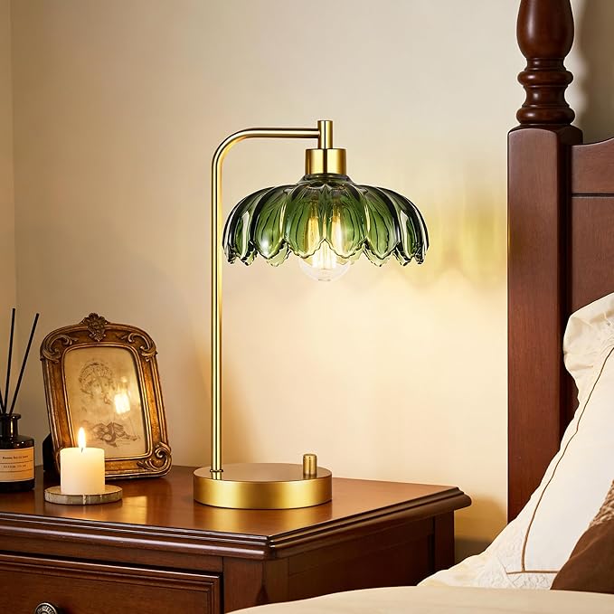 Glass Table Lamp Set of 2,Small Gold Bedside Lamps Dimmable Boho Bedroom Lamp with Tulip Flower Green Lamp Shade,Vintage Mid Century Modern Mini Nightstand Lamp for Bedroom Living Room