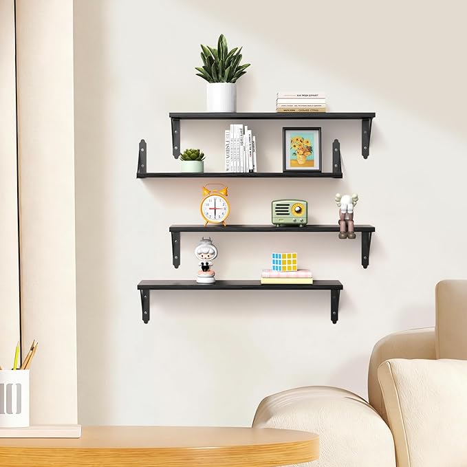 Wood Floating Shelves Set of 4, Rustic Storage Decor Wall Shelves, Wall Mounted Shelf for Living Room, Bedroom 23.6" x 6", Black