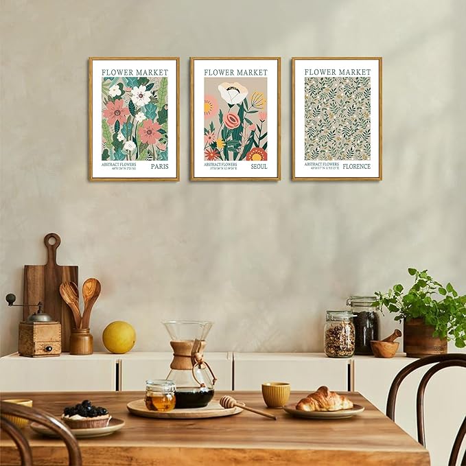 Wodkwq 3 Piece Framed Wall Art Floral Wall Decor Botanical Canvas Art Flower Market Pictures Retro Paintings Minimalist Artwork Prints for Living Room Bedroom