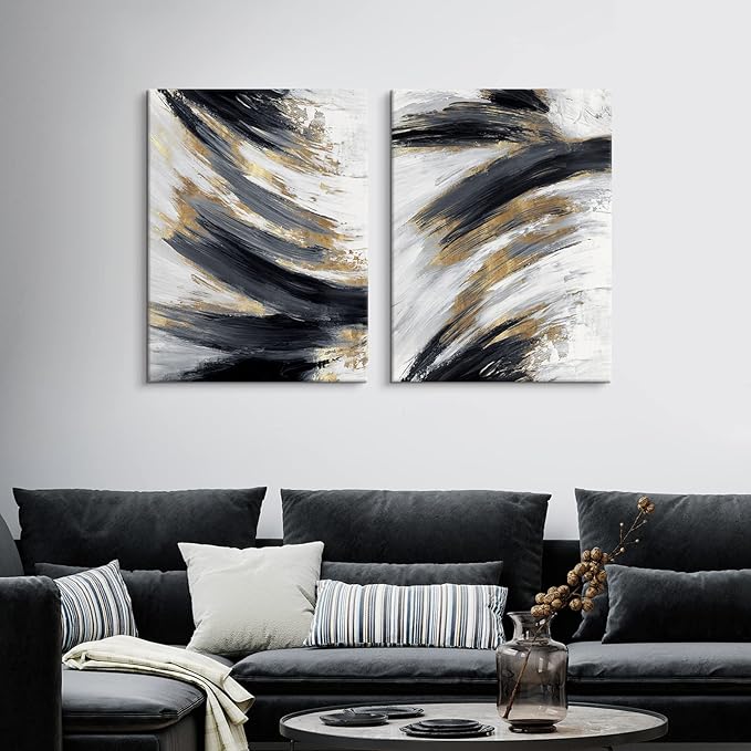 Chadow Artwork 2 pieces Black and Gold Abstract Wall Art 2 Pack Black and White Canvas Wall Decor Modern Framed Artwork for Living Room Bedroom Office Décor Ready to Hang 12"x16"(30cmx40cm)