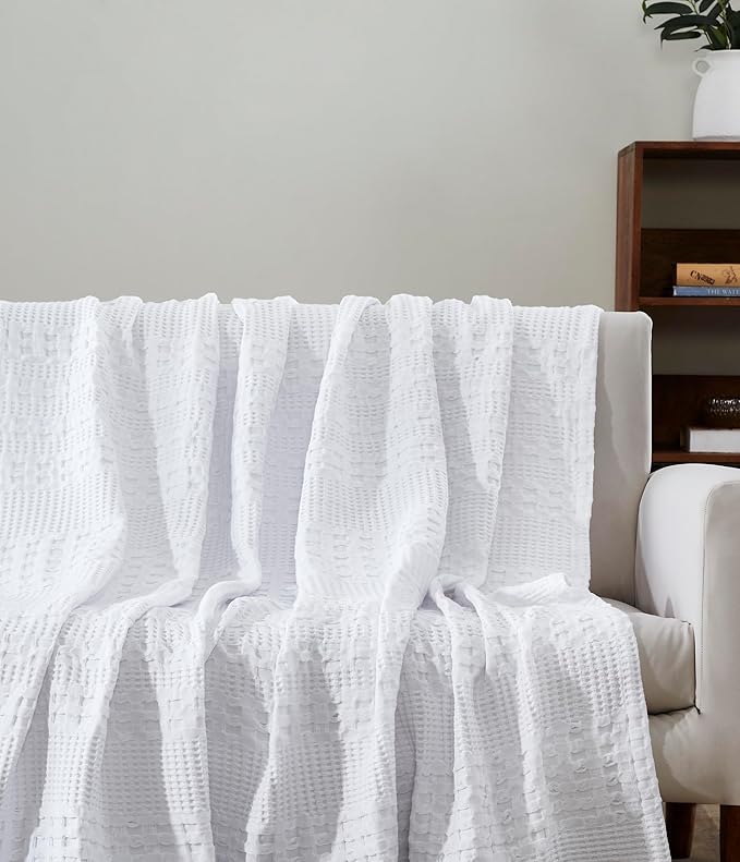 VHC Brands 100% Cotton Waffle Weave Queen Blanket 90"x90", Decorative Lightweight Spring and Summer Throw Blanket, Bedroom Decor for Bed, Couch, or Sofa, White