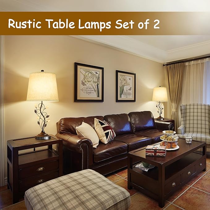 24.5in Farmhouse Table Lamps Set of 2, Rustic Bedroom Lamps with 2 USB Charging Ports, Cream Fabric Shade, Metal & Crystal Finish