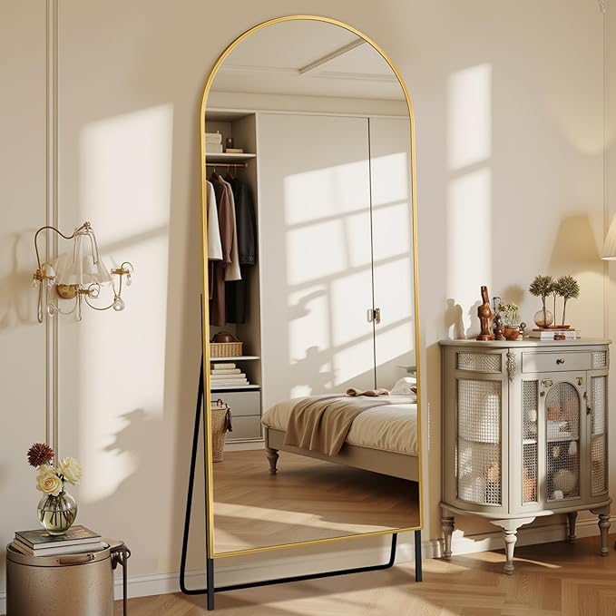 Antok Full Length Floor Mirror Arched Standing Mirror with Aluminum Frame - Freestanding Wall Mount Leaning Body Mirror for Bedroom Living Room Entryway, 64" L x 21" W, Gold