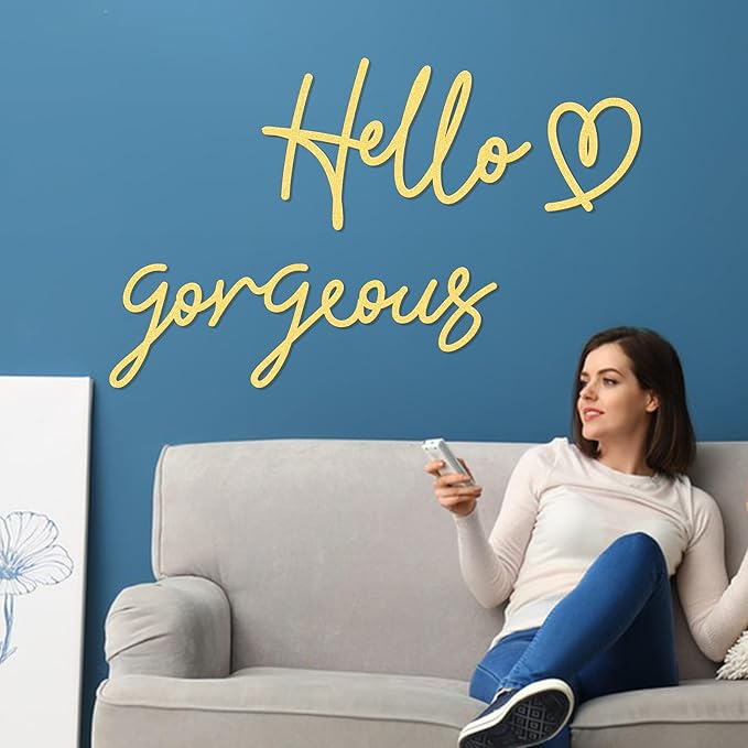 Bnesi Hello Gorgeous Heart Sign Wall Decor Black Metal Wall Decor Modern Hello Gorgeous Elegant Metal Wall Art Decor for Bathroom, Bedroom, Lash room (Gold, Large)