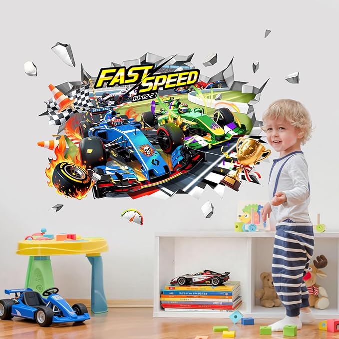 3D Racing Car Wall Decals - Speeding Race Car Break Through Wall Stickers for Boys Kids Toddles Teens Bedroom Nursery Playroom Classroom Decor