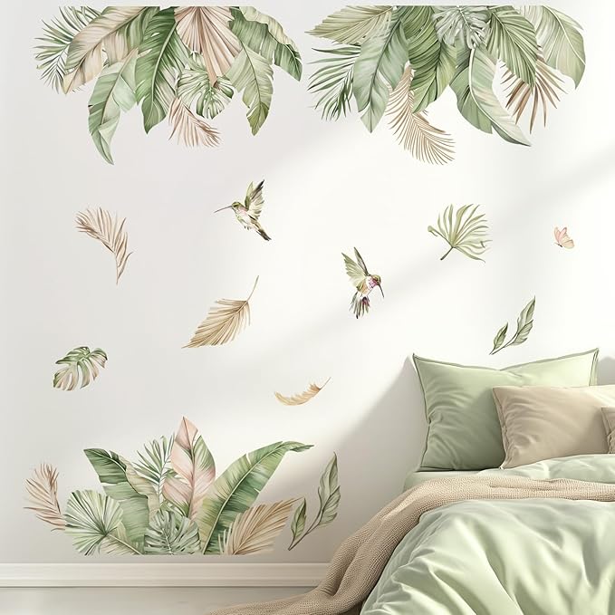 decalmile Boho Tropical Leaves Wall Decals Palm Leaf Hanging Vine Green Plants Wall Stickers Living Room Bedroom TV Background Wall Decor