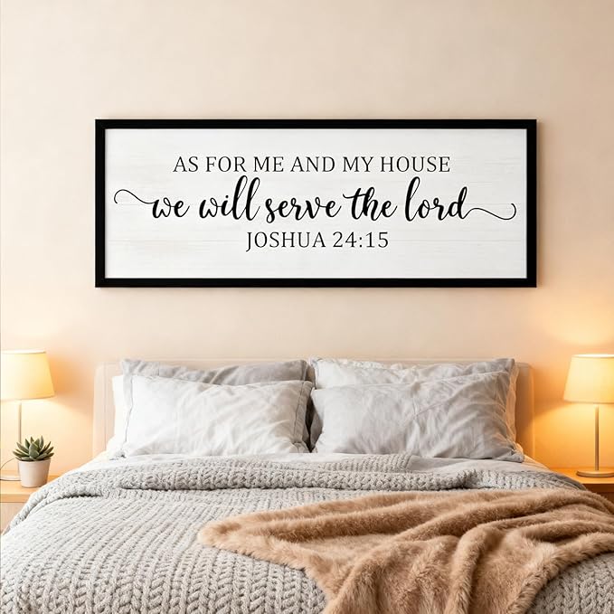 As For Me And My House We Will Serve The Lord Framed Wall Art, 40''×15'' Vintage Positive Religious Rustic Bible Verse for Christian God Jesus Christ Prayer, Horizontal Holy Catholic Scripture Decor