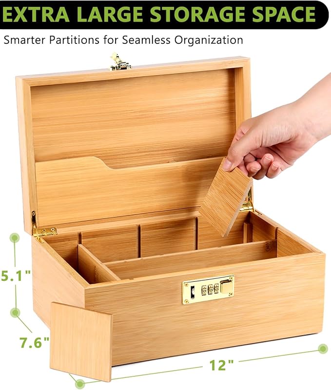 OZCHIN Large Bamboo Box with Combination Lock Decorative box for Home Great Gift Choice Storage Lockbox with Storage Jar, Gifts for Men Women (Brown, 12 x 7.6 x 5.1)