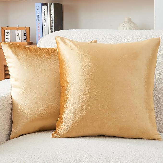 Throw Pillow Covers Gold Set of 2 16x16 Inch Pillow Covers, Soft Velvet Fall Decorative Cases for Couch Sofa Bed, Home Boho Decor, Modern Farmhouse Cushion Covers