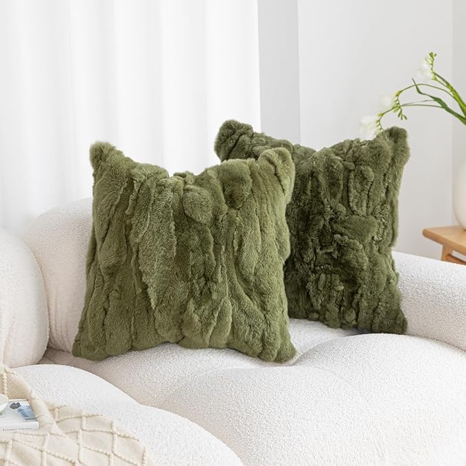 MOOX Rabbit Fur Throw Pillow Covers Decorative Fluffy Soft Fuzzy Plush Luxury Genuine Animal Skin Lumbar Pillow 12"x20" Cushion Cover, Sofa, Dark Green