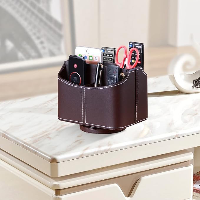 PU Leather Remote Control Holder,360 Degree Spinning Desk TV Remote Caddy,Desk Organizers and Accessories,for Controller,Media,Mail,Calculator,Mobile Phone,Pen Storage Holder(Brown)