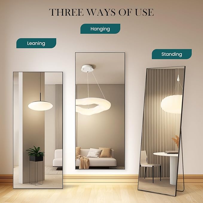 NEWBULIG Full Length Mirror 64.2"x 21" for Bedroom, Full Body Mirror with Stand, Hanging or Leaning for Wall, Aluminum Alloy Thin Frame Floor Standing for Living Room, Long, Black