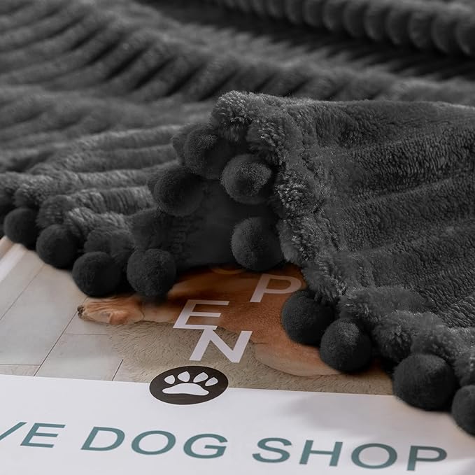 DISSA Fleece Blanket Throw Size – 51x63, Black – Soft, Plush, Fluffy, Fuzzy, Warm, Cozy – Perfect Throw for Couch, Bed, Sofa - with Pompom Fringe - Flannel Blanket Throw Blanket