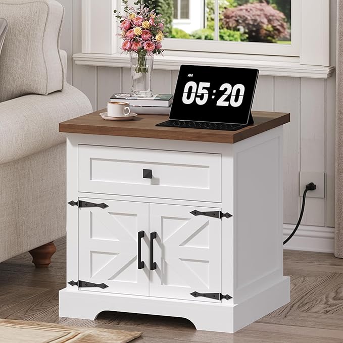 Farmhouse End Table with Charging Station, 23.6" Large End Tables Living Room, Sofa Side Table with Barn Door, Wooden Rectangular Nightstand Bedside Table with Drawer, Walnut ETBZ157E01