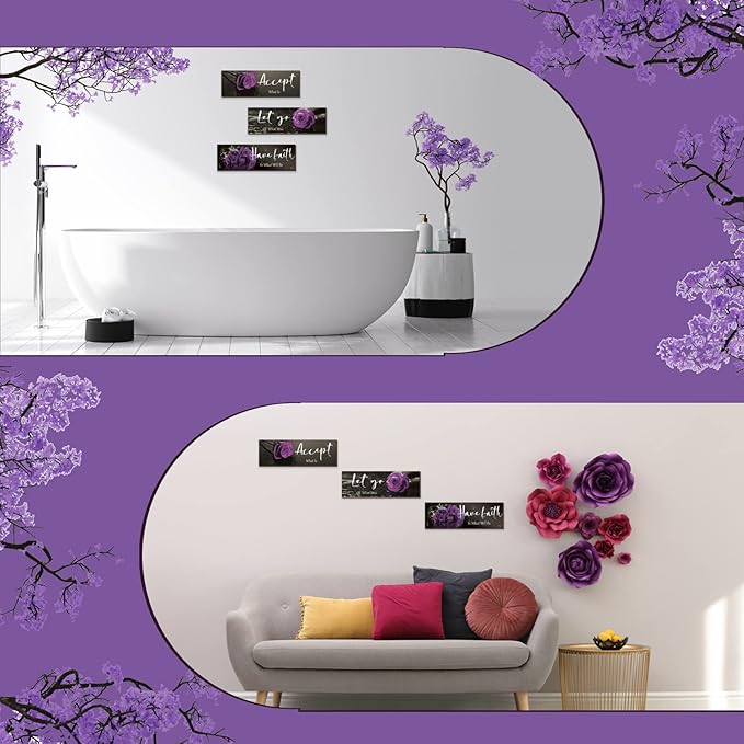 ZINYAZHE 3 Pcs Purple Wall Decor Inspirational Purple Bathroom Wooden Purple Rose Wall Art Office Wall Decor With Accept Let Go Have Faith Quotes For Girl Women Bathroom Bedroom(12 X 4 Inch)