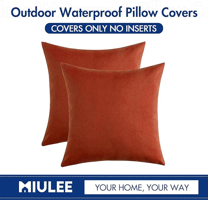 MIULEE Pack of 2 Decorative Outdoor Solid Waterproof Throw Pillow Covers Faux Linen Garden Farmhouse Cushion Cases for Summer Patio Tent Balcony Couch Sofa 18x18 Inch Burnt Orange Terracotta