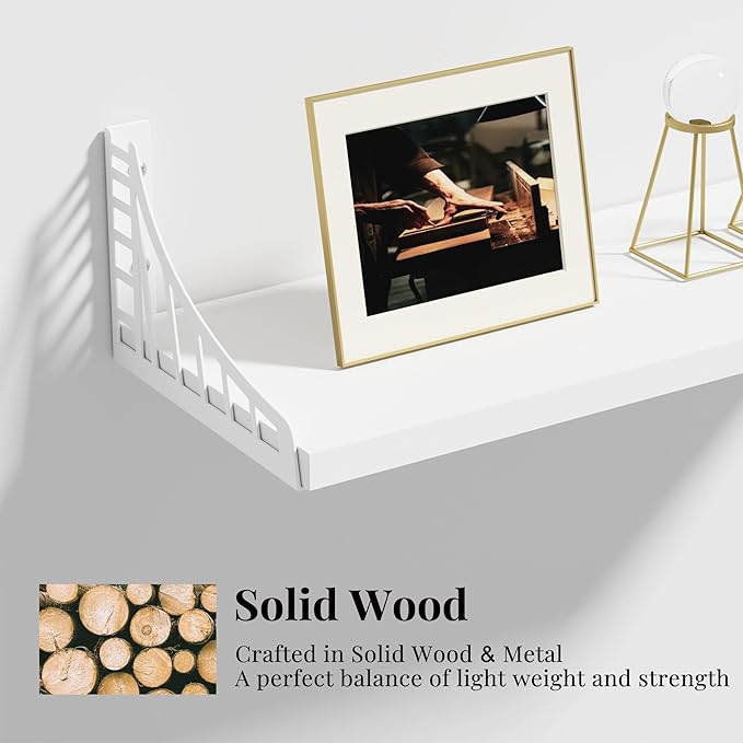 SRIWATANA Floating Shelves for Wall Decor, Bridge Design Wood Wall Shelves for Bedroom, Bathroom, Living Room & Kitchen, Set of 3 (White)