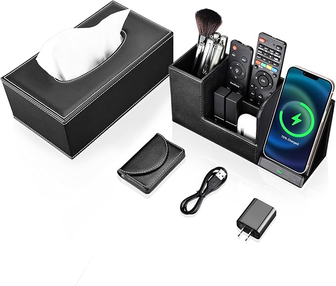 KINGFOM PU Leather Desk Organizer Pen Pencil Holder with Wireless Charger Stand for iPhone, Rectangular tissue box cover, Pocket Business Cards Holder Black-5PCS/SET
