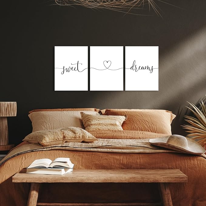 Sweet Dreams Wall Art Above Bed: Set of 3 Modern Master Bedroom Signs for Couples, Rustic Farmhouse Hanging Plaques Aesthetic Minimalist Guest Room Decor, 12x16 Inch