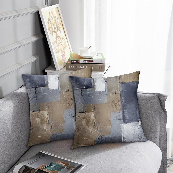 Britimes Throw Pillow Covers Modern Home Art Decor, 20 x 20 Inches Set of 2 Pillow Cases Decorative, Abstract Oil Painting Pillowcases for Bedroom, Living Room, Cushion Couch Sofa, Brown Blue