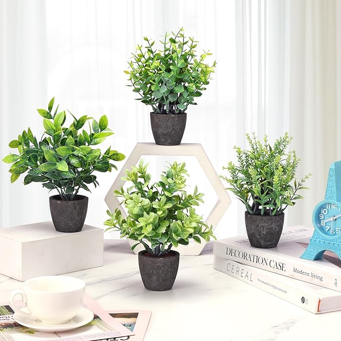 4 Pack Fake Plants Ceramic Mini Artificial Greenery Potted Plants for Home, Office, Room, Farmhouse, Indoor Table, Bathroom Decor
