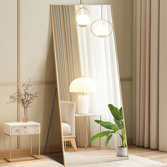 Mirror Full Length, Upgraded Body Wall Mirrors with Shatter-Proof Glass, Floor Standing, Hanging or Leaning, Tall Mirror with Stand Aluminum Alloy Frame for Bedroom