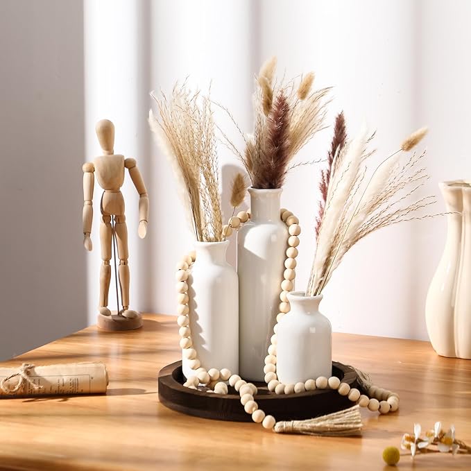 5 Pcs Rustic Country Tabletop Centerpieces Decor Set of 3 Boho Ceramic Vases with Wooden Serving Tray Wood Bead Garland Tassels Table Holder for Home Decorations(Dark Brown)