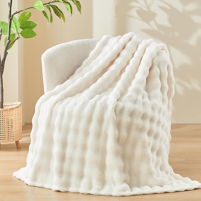 NEWCOSPLAY Throw Blanket for Couch Ivory Super Soft Flannel Fleece 3D Bubble Lightweight Bed Blanket All Season Use (Ivory, Throw(50"x60"))