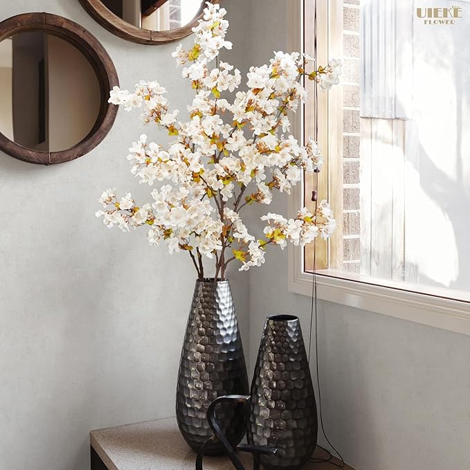 Uieke 24Pcs Silk Cherry Blossom Branches, 39.3in Artificial Cherry Blossom Tree Stems, Fake Plum Blossom Flowers Arrangement for Wedding Home Japanese Decor, White