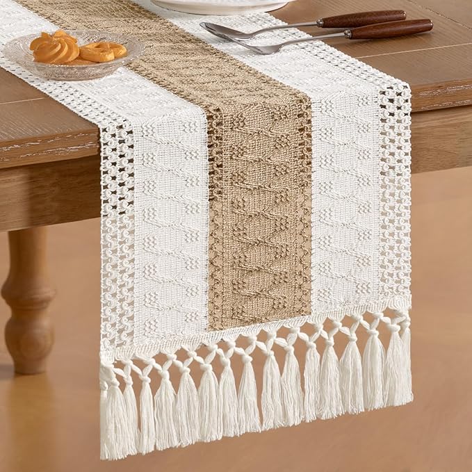 Socomi Boho Table Runner Easter Spring Farmhouse Rustic Dining Kitchen Centerpiece Decor Small Macrame Woven Cotton Linen Coffee Table Runner for Dresser Scarf Home Decor 12x60 inch