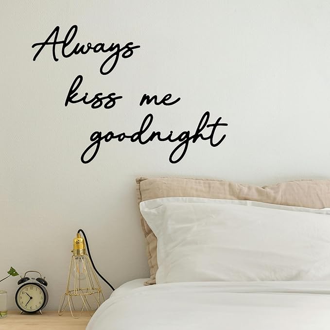 Always Kiss Me Goodnight Wall Sign Metal Wall decor Love Theme Wall decor Wall Hanging Sculptures for Bedroom Living Rooms, Black, 25.9" x 13.9"