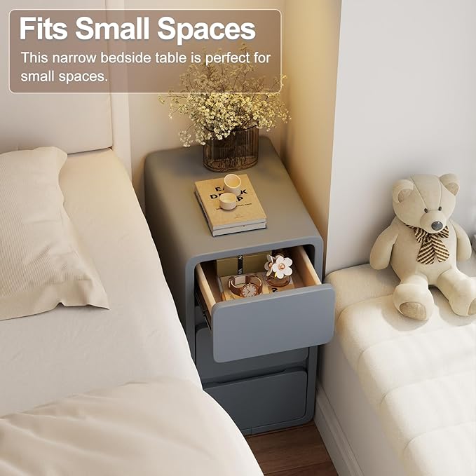 AQIMUELE Narrow Bedside Table,Narrow Night Stand with Drawers,Small Night Stand with Leather Surface for Bedroom