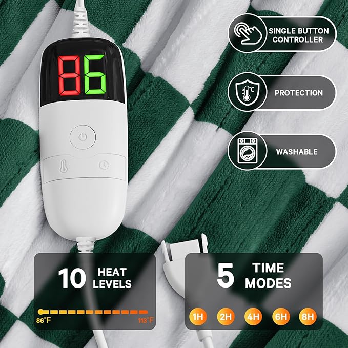 Heated Electric Blanket Throw, 50X60 Heating Blanket with 10 Heat Level & 8 Hours Auto Off for Lap, Dark Green Checkered Plaid Soft Sherpa Blankets for Mom Grandma Women Couch