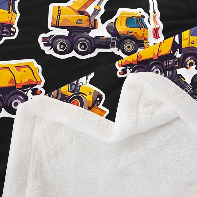 Excavator Sherpa Blanket Under Construction Fleece Blanket Cartoon Truck Tractor Blanket Throw For Kids Boys Young Backhoe Cranes Heavy Equipment Fuzzy Blanket Sofa Decor Queen 90"x90" Yellow