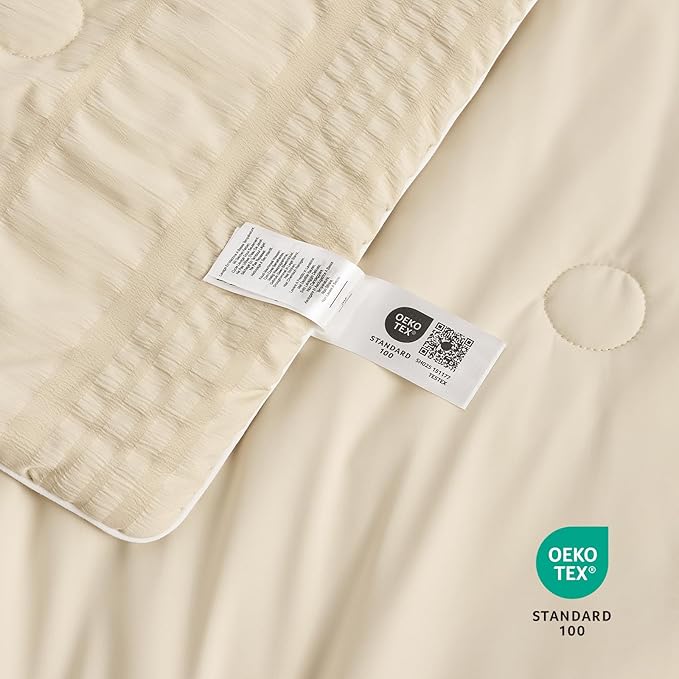 Cozy Bliss Striped Seersucker Cooling Comforter Queen Size, Lightweight Airflow Silky Cooling Bedding with Q-Max>0.45 for Bedroom, Home Decor, Hot Sleepers & Night Sweats, Khaki 90"x90"