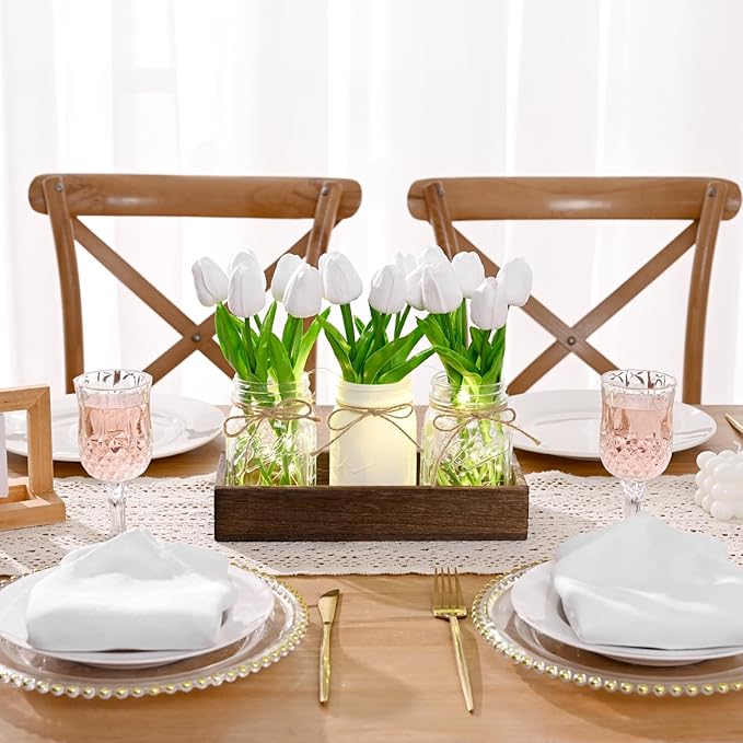 BLEUM CADE Centerpiece Table Decorations - Mason Jar Lights Centerpiece for Kitchen Dining Table Farmhouse Coffee Table Wedding Home Decor with 3 Jars Tulips Artificial Flowers & Wood Tray
