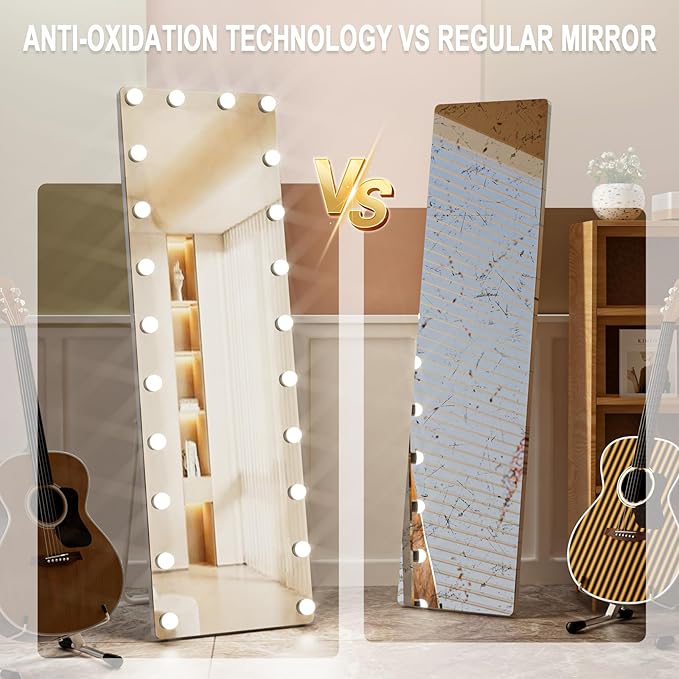 Kosmonia 64x22 Hollywood Full Length Mirror with Light, 22 Dimmable Bulbs & 3 Color Smart Touch Control, Distortion Free, Tempered Glass & Shatter Proof Film, Safe Full Body Mirrors with Stand